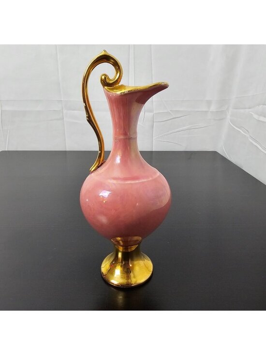 Unmarked Other - Vintage Ceramic Pitcher Vase 8.5" Pink Warranted 22 KT Gold Trim Mid Century USA